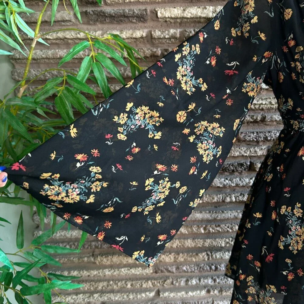 Free People Lilou Black Retro Floral Skater Mini Dress Size Small